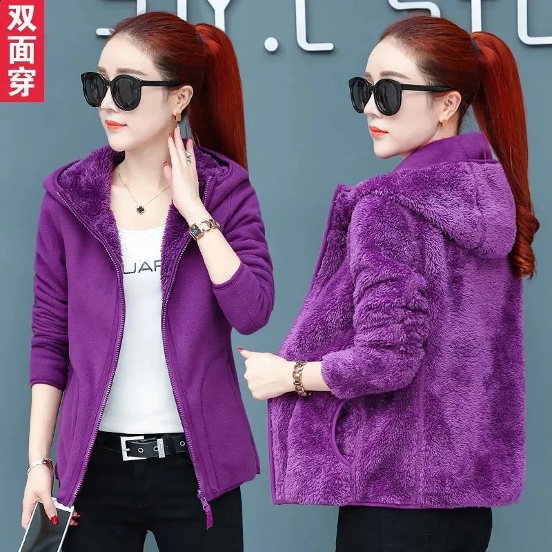 Hoodie Two-Sided Wool Fleece Womens Polar Fleece Coat Autumn Winter Add Velvet Thickening Keep Warm Double-Sided Penetration 240812
