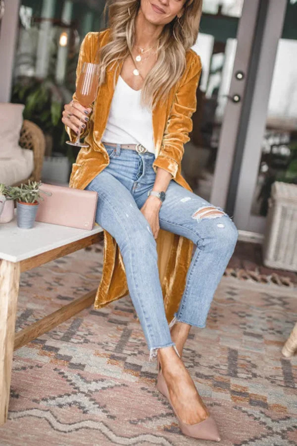 Winter Fashion Velvet Long Coats Womens Oversized Golden Maxi Jackets Open Stitch Velour Long Trench Mujer Stretch Coats 240813