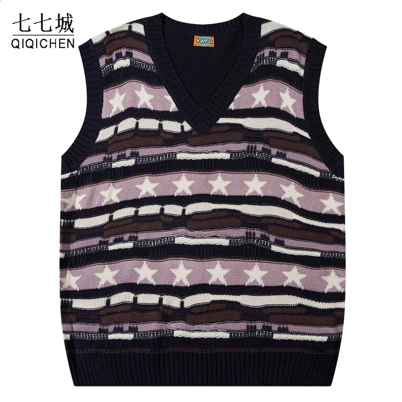 Vintage V-Neck Sweater Vest Men Autumn Winter Stripe Casual Loose Sleeveless Knit Sweaters Women Harajuku Preppy Style Pullover 240812