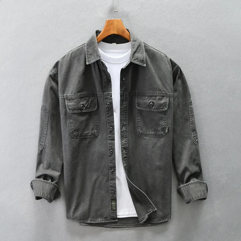 Winter and Autumn Fashion Mens Multi Pocket Splicing Retro Goods Shirt Solid Color Long Sleeve 100% Cotton Loose Day Top 240812
