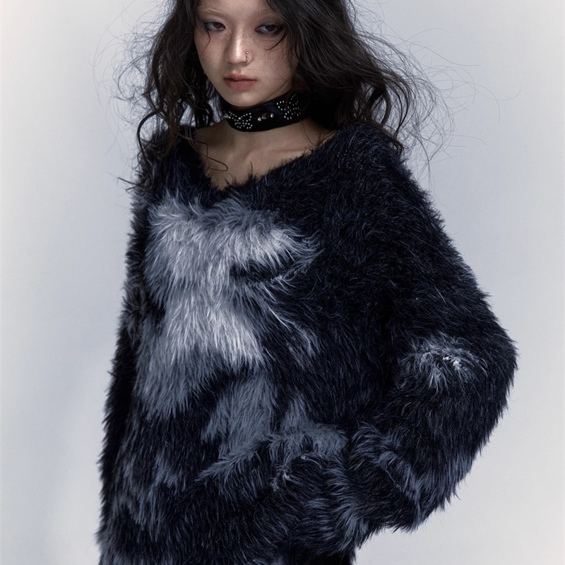 Women Black Gothic Mohair Pullover Knitted Sweater Harajuku Y2k Long Sleeves Sweater Jumper Vintage 2000s Aesthetic Clothes 240812