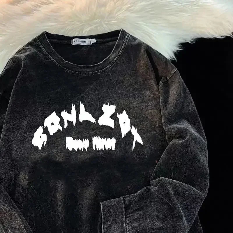 Foufurieux Punk Cotton Long-sleeved T-shirt Men Spring Autumn American Retro Letter Print Oversize Washed Distressed Sweatshirt 240812