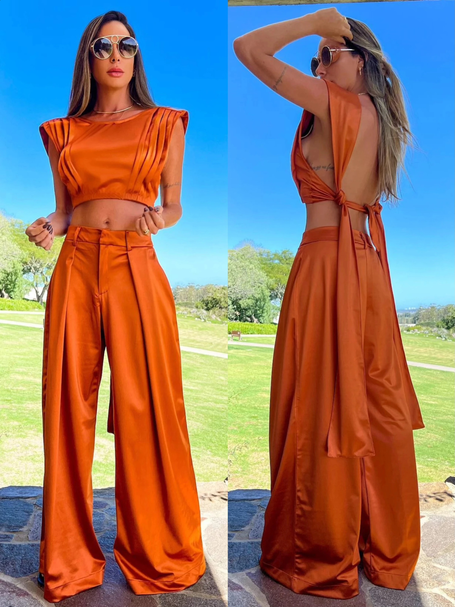 Solid Women Two Piece Set With Pants Round Neck Tie Up Sleeveless Pleated Top Wide Leg Loose Pants Suit Summer Office Lady Set 240813