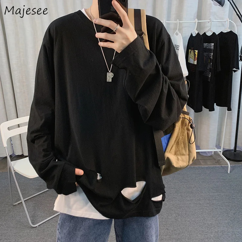 Men Long Sleeve T-shirts Holes Ripped Chic Solid Vintage Leisure Plus Size 3XL Ins Tees Fashion Korean Style All-match Harajuku 240812