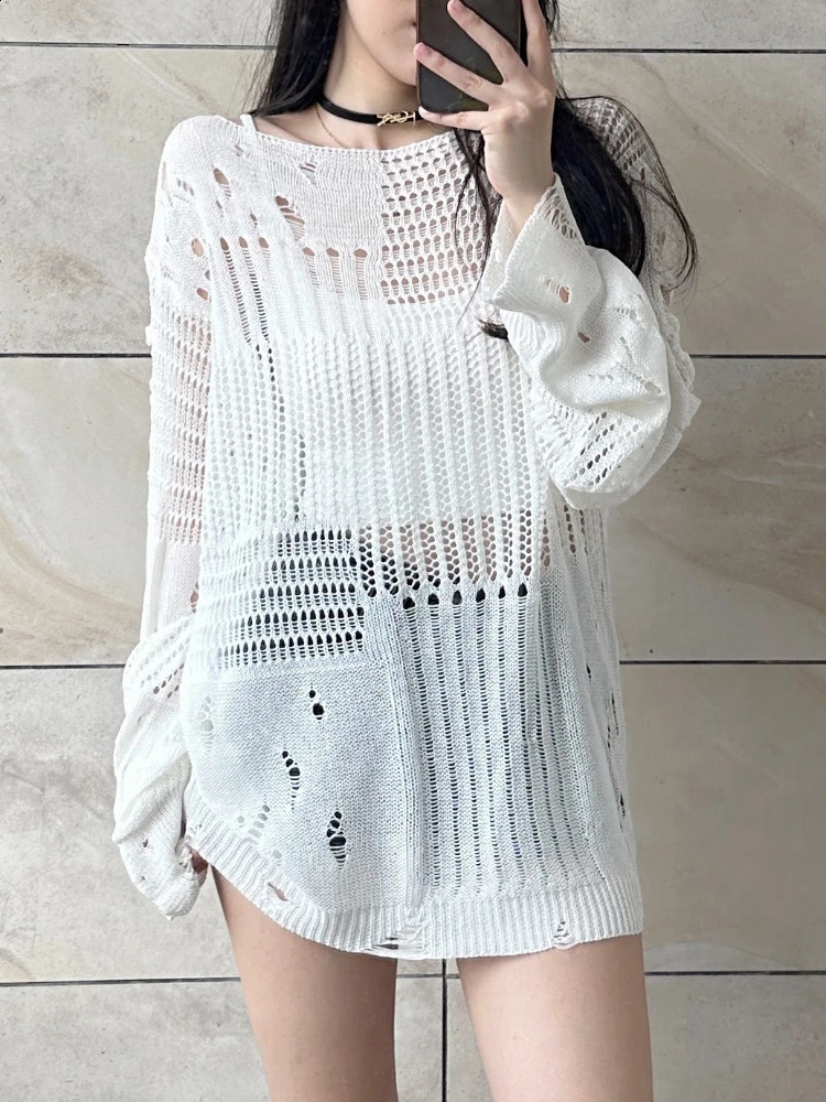 HOUZHOU Y2k Sweater Women Streetwear Hollow Out Loose Knitted Pullovers Balck See Through Long Sleeve Top Gothic Korean Fashion 240812