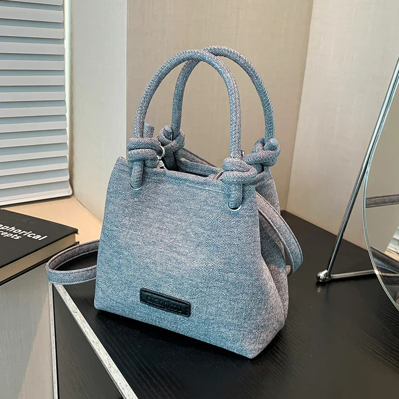 Retro Leather Shoulder Bags for Women 2024 Vintage Underarm Crossbody Handbags and Purses Denim Blue Female Bag Day Clutch 240812
