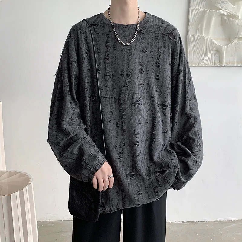 Spring Summer Men Hole T Shirts Harajuku Hip Hop Long Sleeve Oversized Tshirts Male Korean Fashion Tee Tops Plus Size 3XL 240812