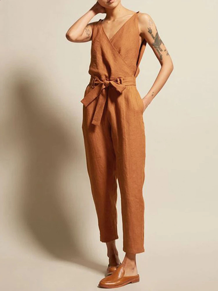 Solid Color Jumpsuit Women 2024 Casual Sleeveless Female Body Suit Summer V Neck Loose Tie High Waist Pencil Pants Sets 240813