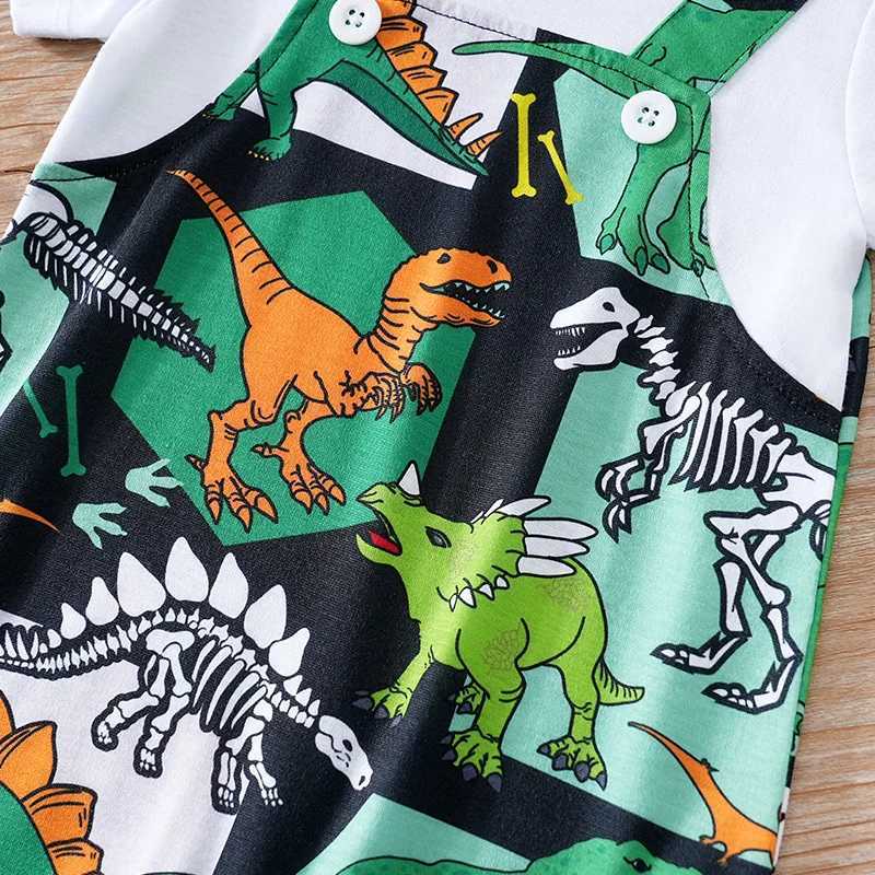 Newborn Clothing Handsome Cartoon Dinosaur Fake Belt Full Print Soft Summer Boys and Girls 0-18 Short Sleeve Baby Tight Clothes W240812