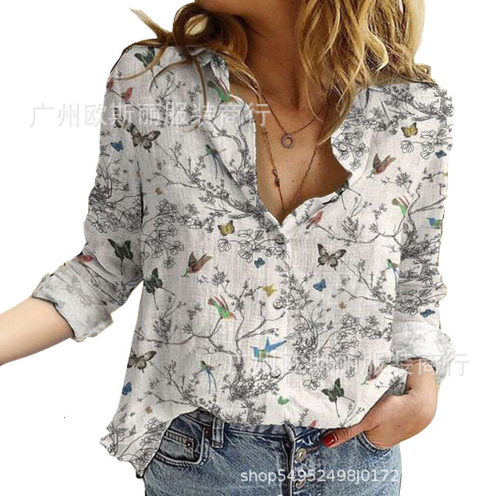 2024 Spring/Summer Women's New Digital Printed Collar Long Sleeve Shirt Blouse