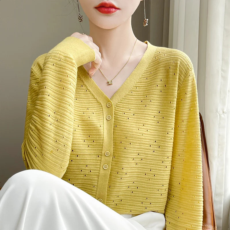 autumn Vneck wool sweater hollow womens loose top casual knitted 240812