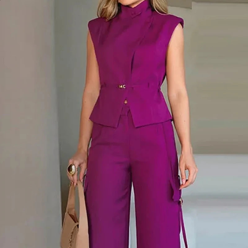 Wefads Two Piece Set Summer Women Elegant Solid Sleeveless Nipped Waist Lapel Top Loose Wide Legs Cargo Pants Sets Streetwear 240813
