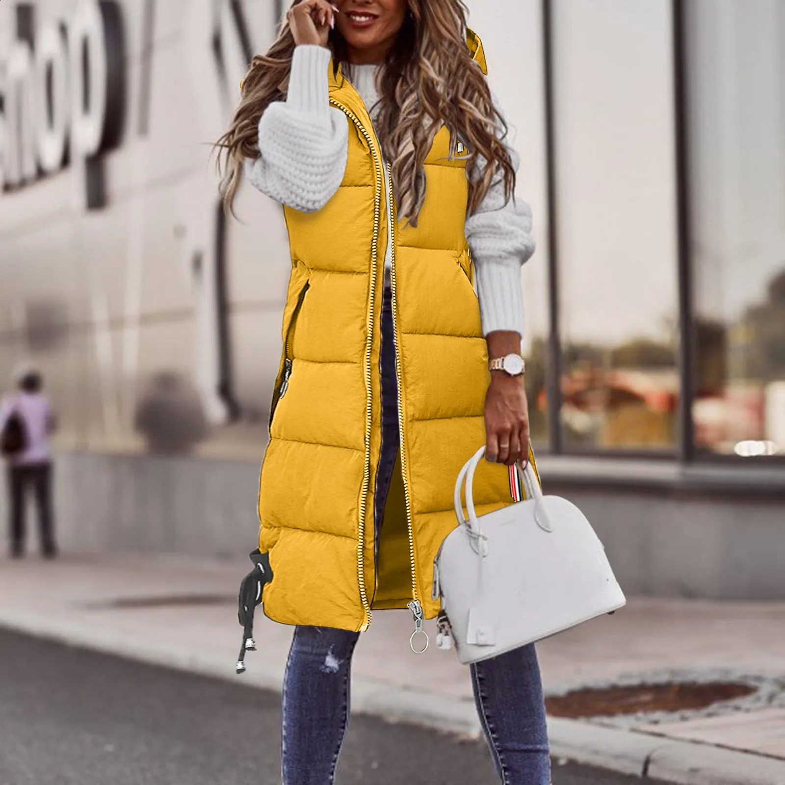 Women Solid Hooded Vest Zipper Pocket Loose Womens Vests Outerwear Sleeveless Jacket Long Coat Vests Woman Winter Coats 240813