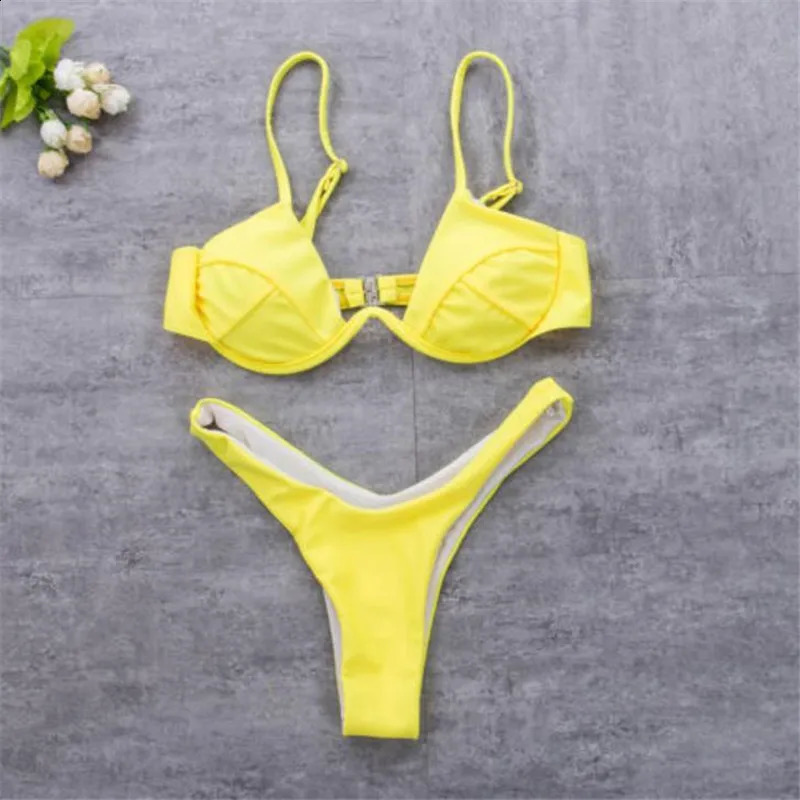 Women 2PCS Bikini Set Solid Color Wire Padded V-Shaped Back Buckle Bra Triangle High Waist Panty Summer Swimming Set Underwear 240812