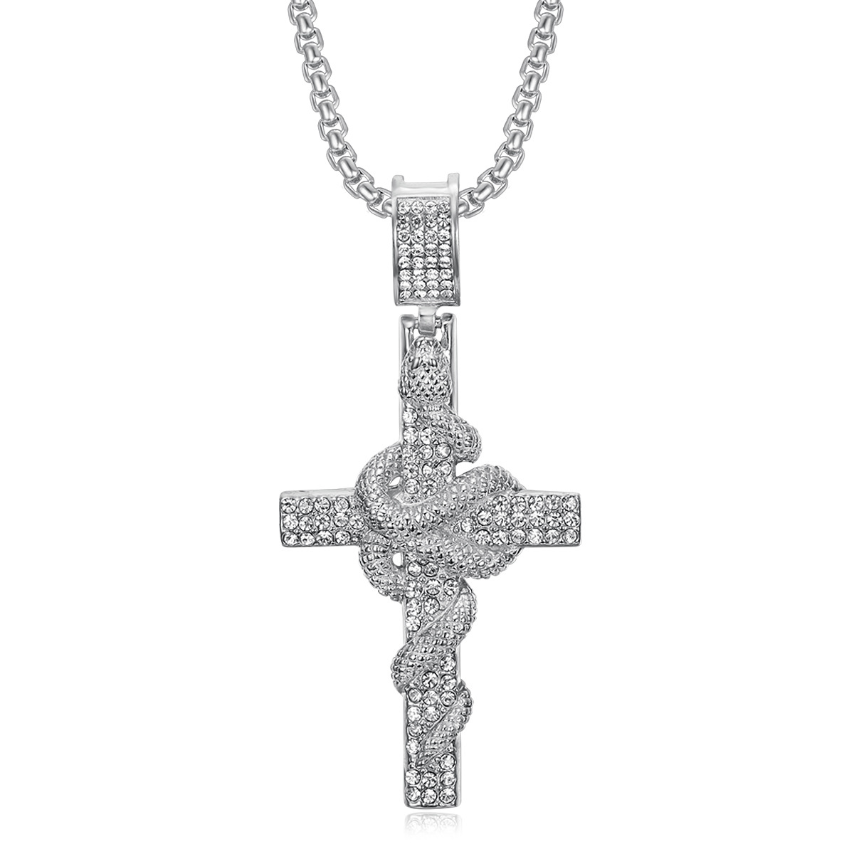 Retro Fine Snake Dish Cross Pendant Necklace 316L Stainless Steel Gold Plated Fashion Jewelry Non-fading Not Sensitive Men Jewelry