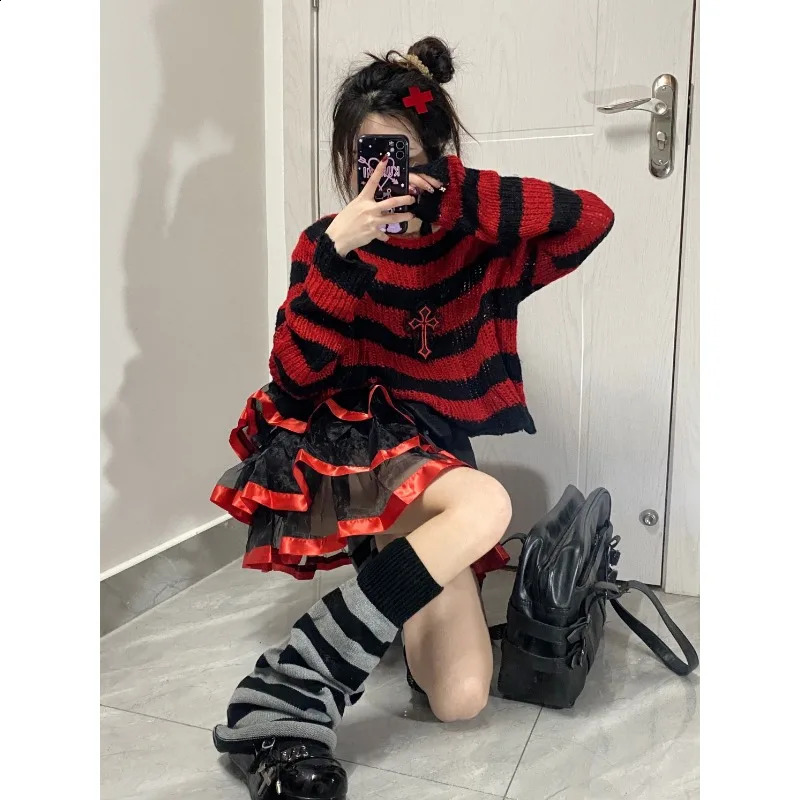 Casual Simple Sweater Knitwear Striped Long Sleeve Gothic Pullover Loose Punk Thin Knit Jumpers Grunge Women Autumn Sweaters 240812