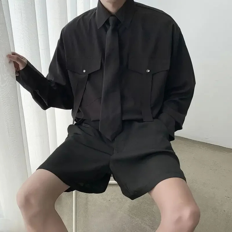 Gmiixder product long sleeved mens tie Kpop shirt Korean streetwear Versatile motorcycle pocket striped jacket 240812