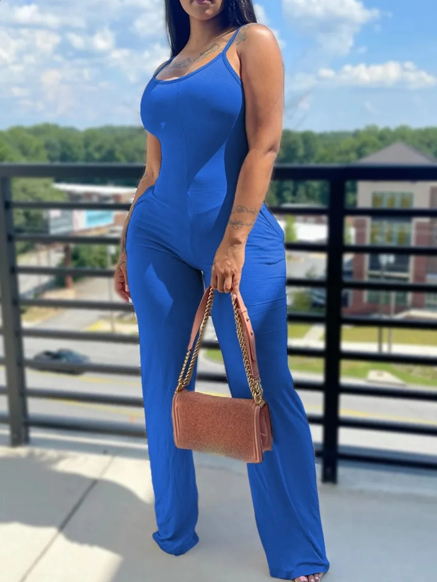LW Printed Solid Color Suspender Jumpsuit Women Round Neck Sleeveless Jumpsuit Fashion Basic Casual Outfits 240813