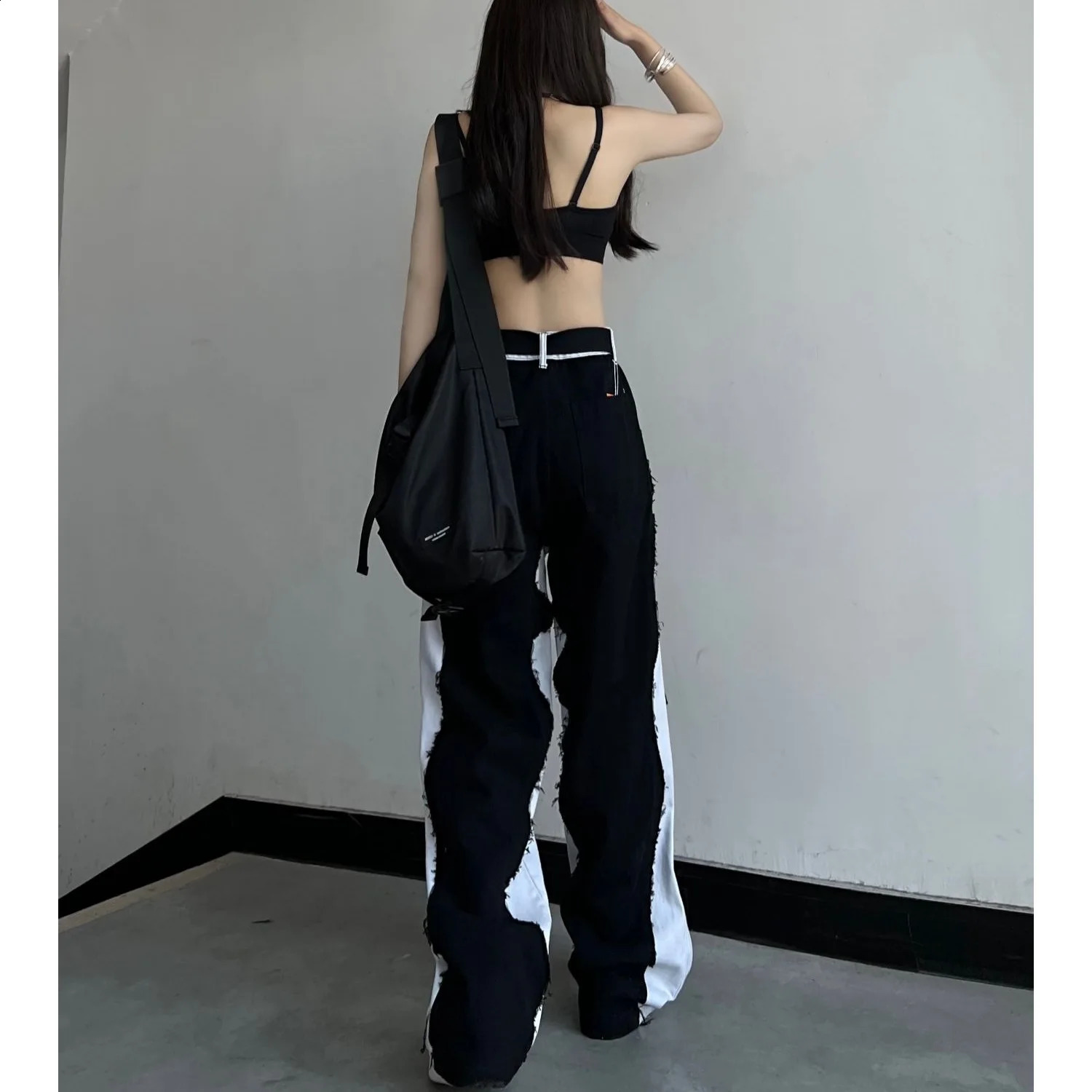 Y2k Vintage Women Splicing Jeans Streetwear Fashion Cootrast Color Pants Oversize Loose Casual Straight Wide Leg Trousers 240813