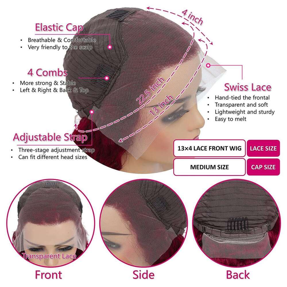 13X4 Deep Wave HD Transparent 99J Front Wigs 28 Inch Lace Frontal Prepluck Human Hair Wig