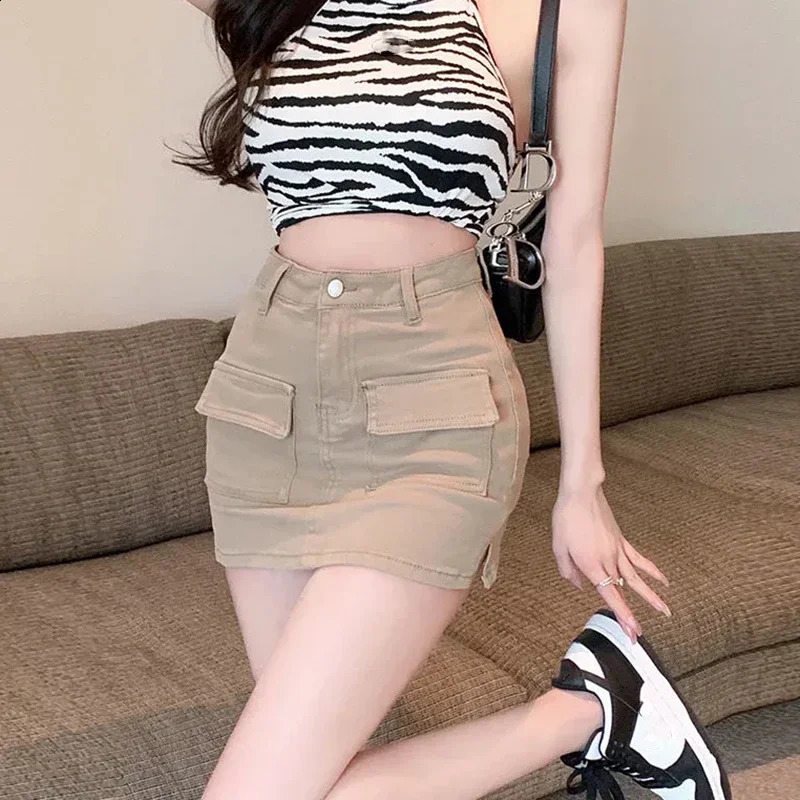Summer Workwear Denim Short Skirt Slit Skirt European And American High Waist A- line Pocket Hip Skirt 240812