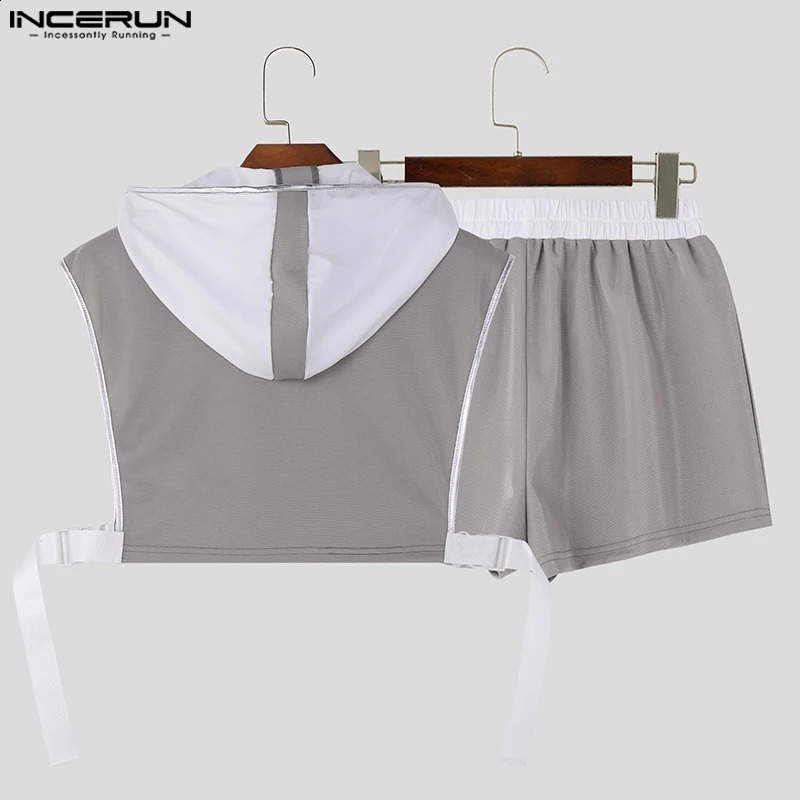 INCERUN 2024 Men Sets Patchwork Streetwear Shiny Hooded Sleeveless Crop Tops Shorts Two Pieces Sets Mens Casual Suits S-5XL 240813