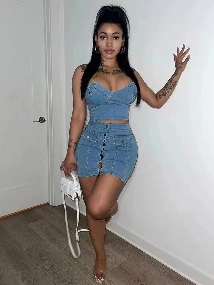 Summer Women 2 Piece Set Denim Fashion Female Cover Up Vest and Mini Skirt Sets Sexy Suit Wholesale Drop 240812