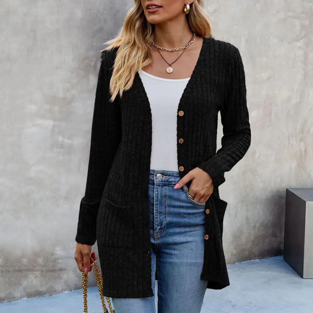 Women Cardigan Knitted Single-breasted Long Sleeve Fall Coat Solid Color Elastic Pockets Mid Length Knitwaer Womens Clothing 240813