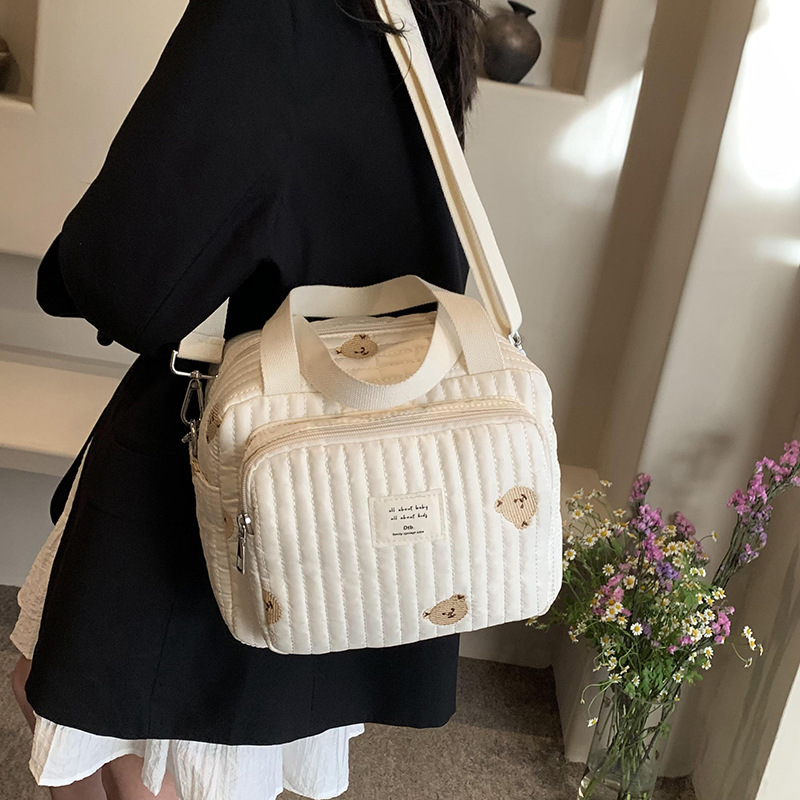 Cute Bear Flower Embroidery Pattern Baby Beige Cotton Fabric Zipper Diaper Handbag New Lage Bag