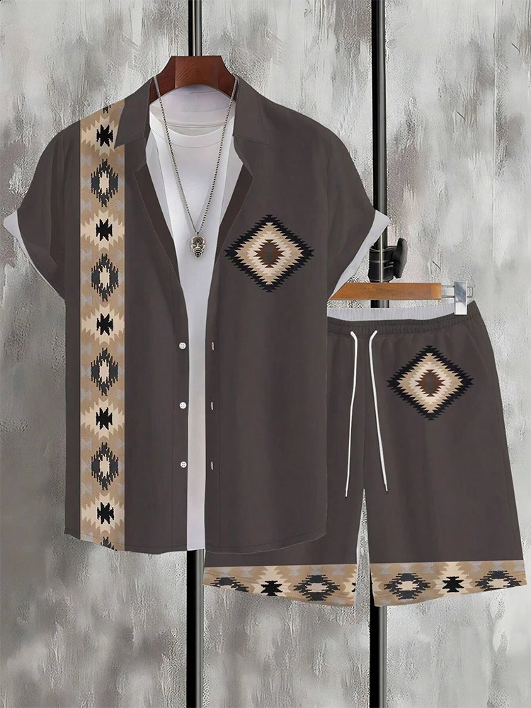 Retro ethnic striped printed mens short sleeved street fashion summer casual shirt and beach shorts set 240812