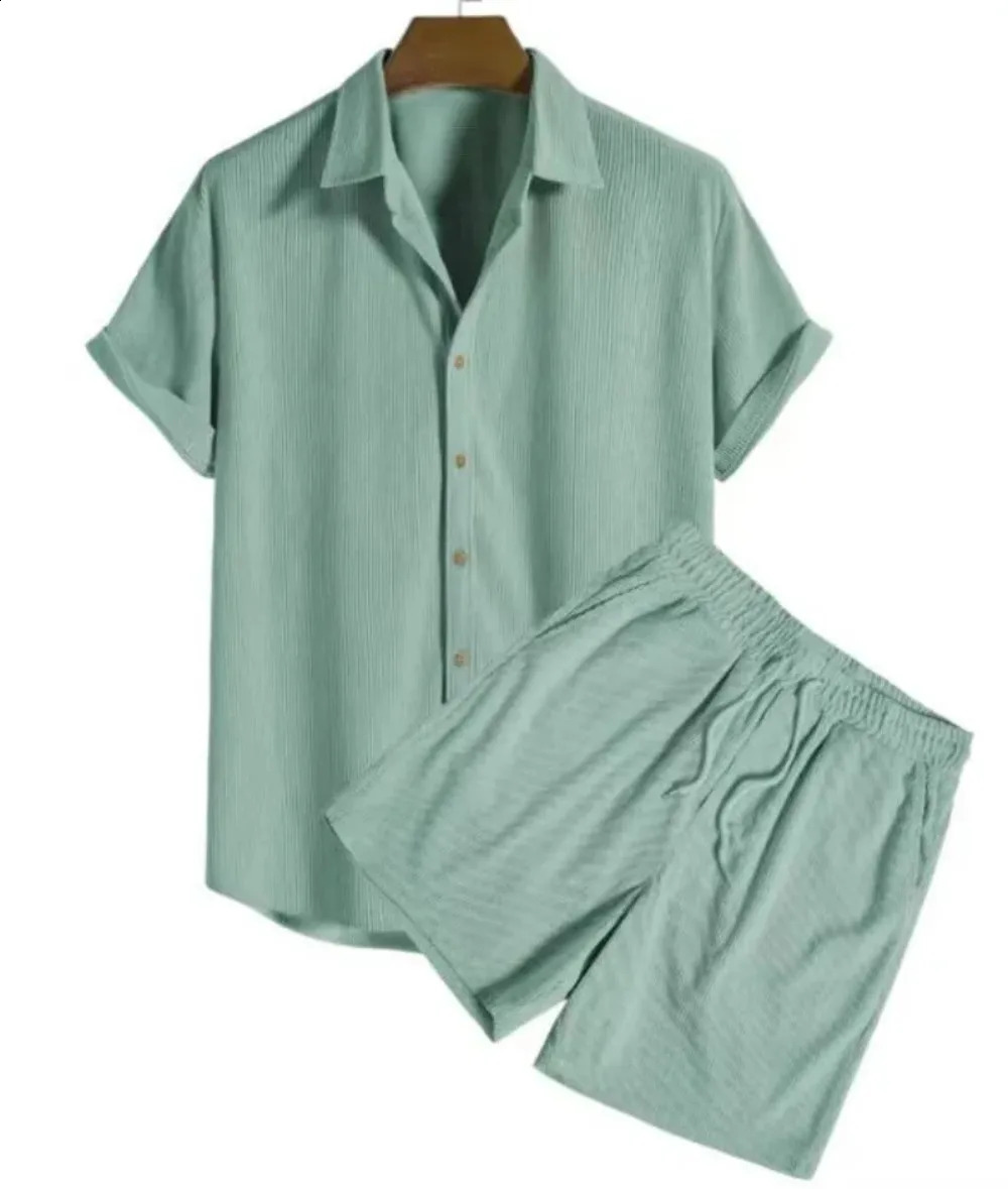 Mens casual loose multicolor beach set Corduroy short sleeved mens twopiece 240812