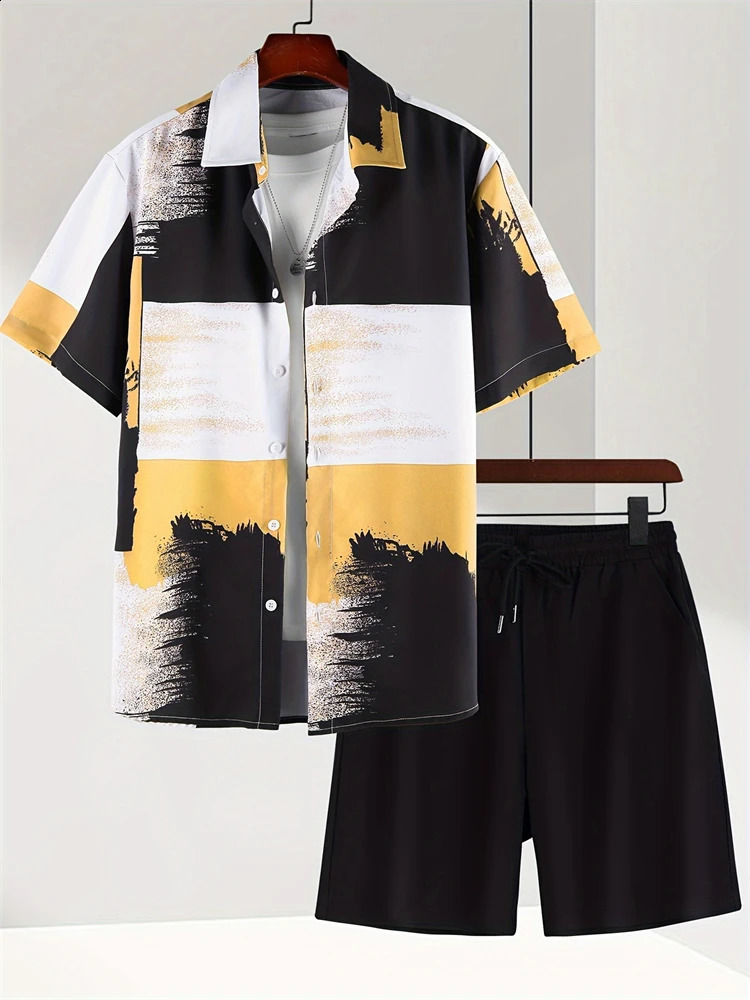 Retro ethnic striped printed mens short sleeved street fashion summer casual shirt and beach shorts set 240812