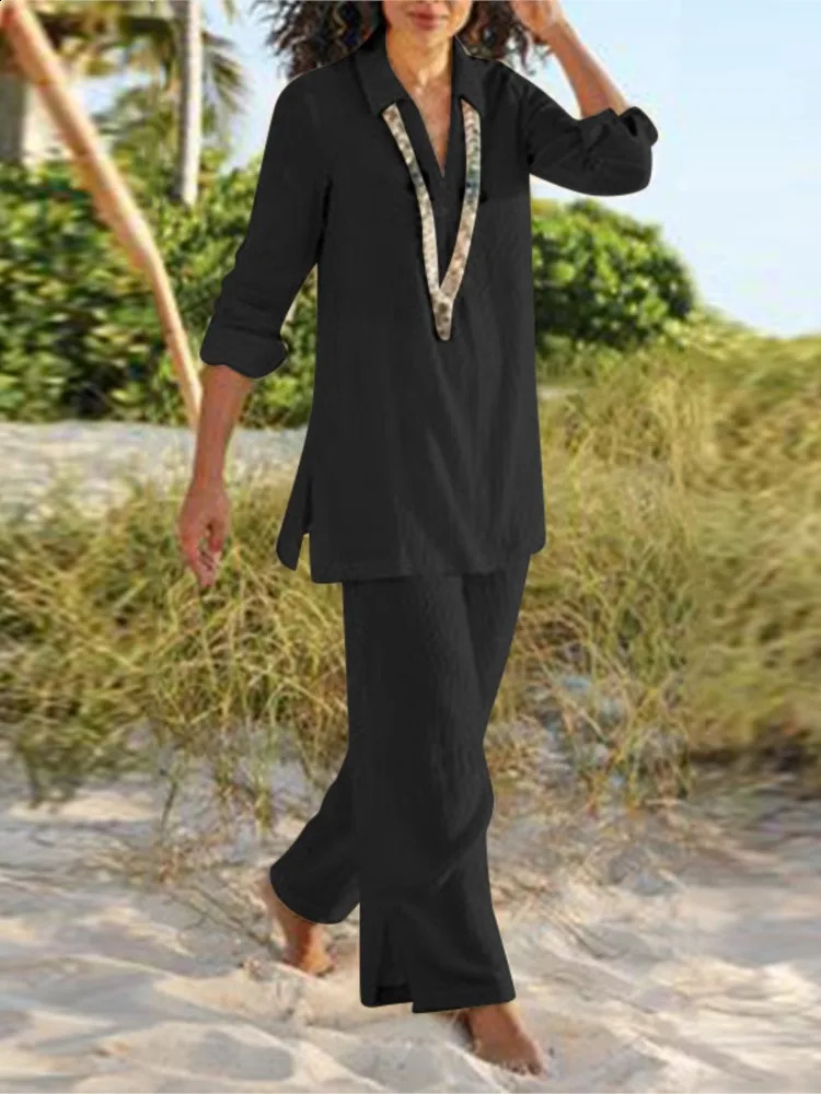 Loose Casual Pant Sets For Women Autumn Long Sleeve Solid Color Cotton And Linen Two Piece Set Vintage Style Lady Suits 240813