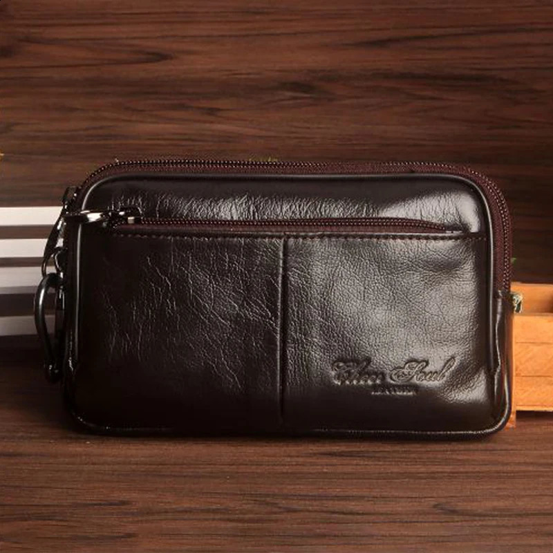 Mens clutch waist bag phone case cover genuine leather mens genuine cowhide hook Hip strap bag wallet Fanny bag 240812