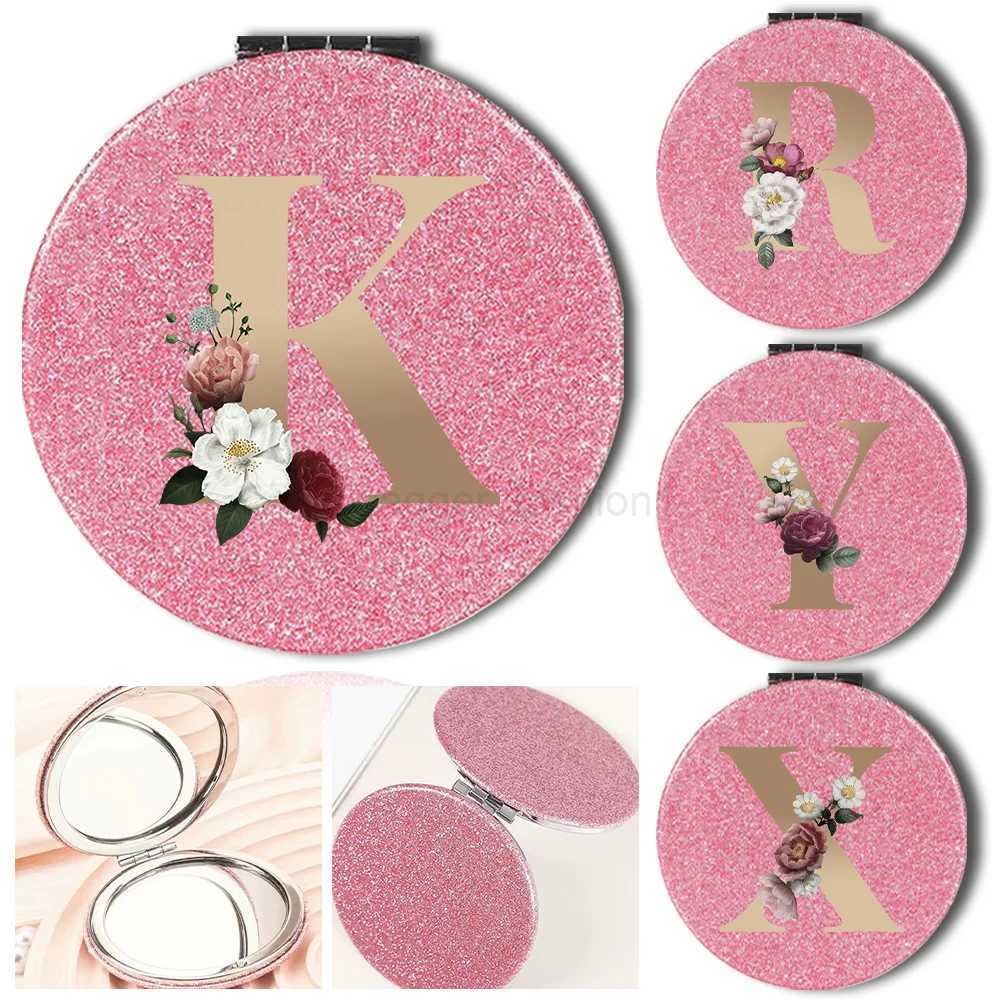 Portable Folding Shiny Double-Sided Makeup Mirror Leather Cosmetic Mirror Pocket Magnifying Hand Gold Letter Pattern Beauty ToolXJ240813