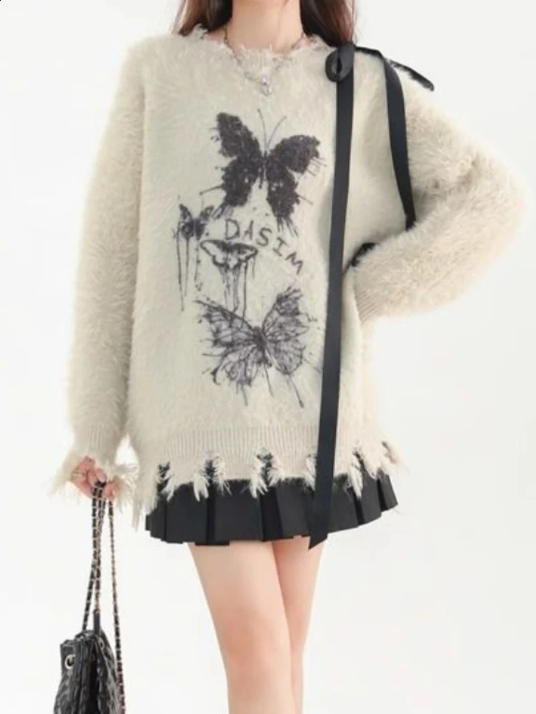 QWEEK Gothic Grunge Goth Butterfly Knit Knitted Sweater Women Y2k Coquette Harajuku American Retro Long Sleeve Pullovers Top 240812