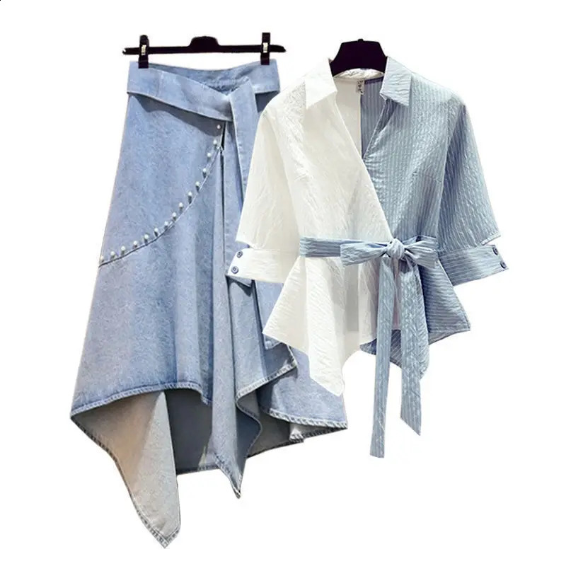 Summer Blue Patchwork Chiffon Shirt Tops Irregular Lace Up Denim Short Skirt Two-piece Elegant Womens Skirt Set Casual Outfits 240812