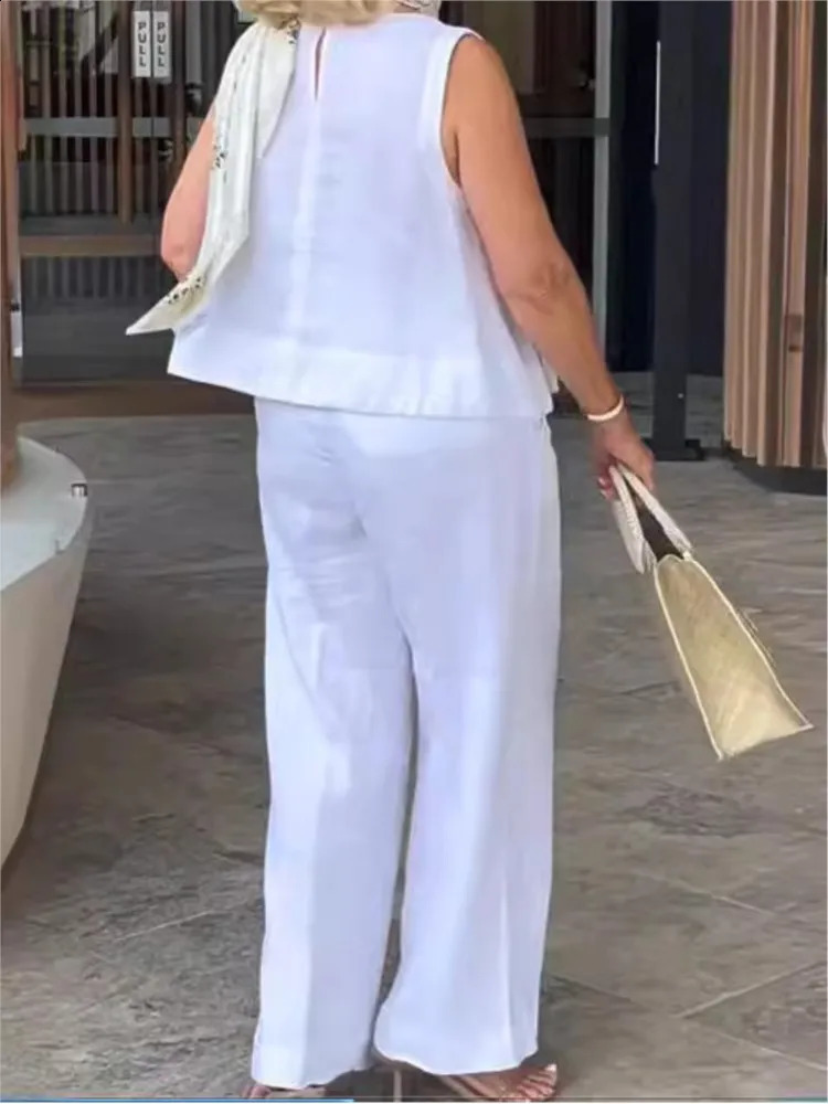 Simple Cotton Linen Womens Suits Summer Fashion Sleeveless Loose Blouse Wide Leg Pants Two Piece Set For Women Casual Outfits 240813