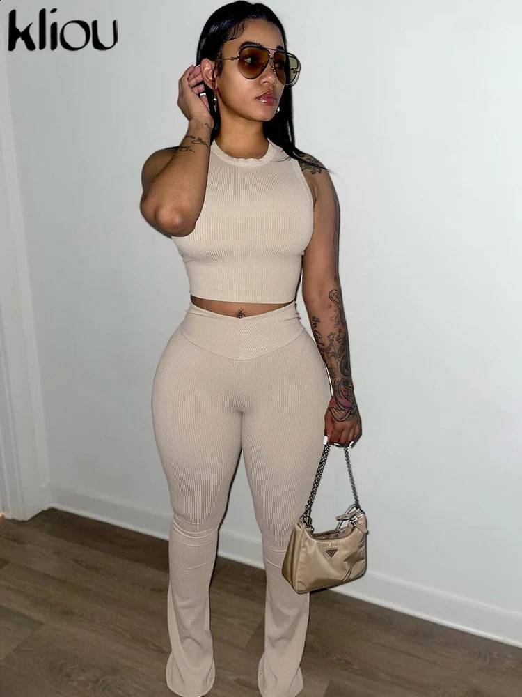 Kliou Classic Solid Simple Two Pieces Set Women Casual Sleeveless Skinny Vest Slim Flared Pants Ladies Streetwear Clothing 240813