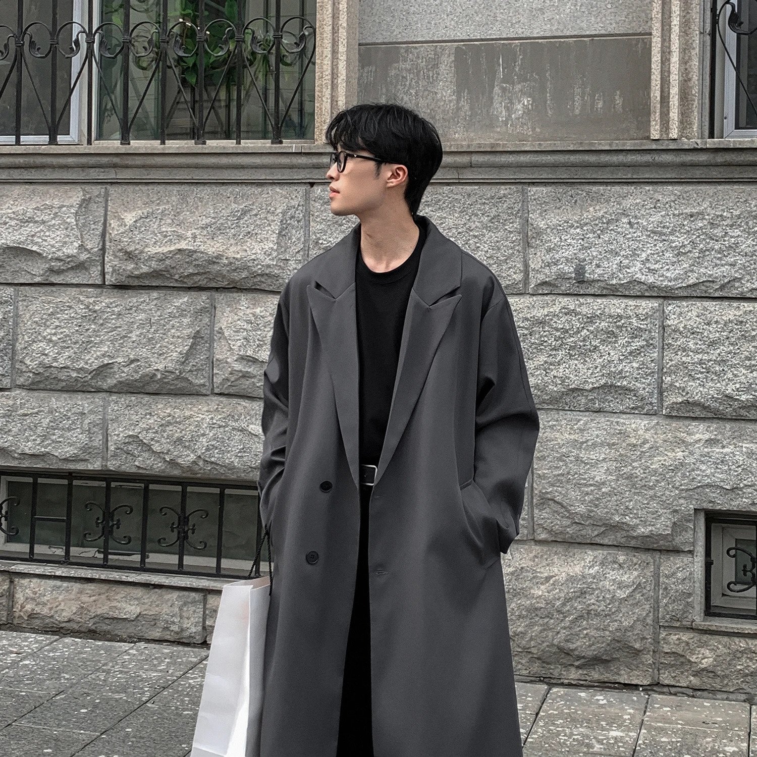 Trench Coat Autumn Korean Mens Fashion Overcoat Male Long Windbreaker Streetwear Men Outerwear BlackGrayCoffee 240812