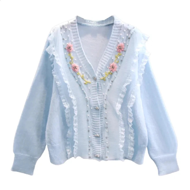 Vintage Floral Embroidery Knittsd Cardigan Women Autumn Sweet Fashion Sweater Coat Korean Preppy Style Lolita Lace Sweater Coat 240812