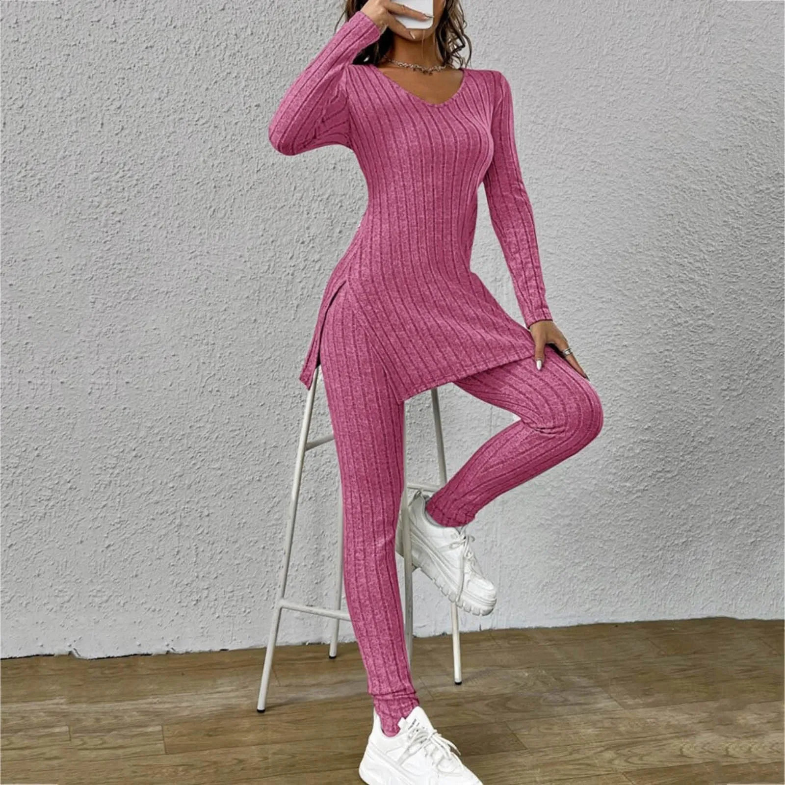 Spring Fashion Knit Suits 2024 Casual Loose PulloverElastic Long Pants Print Knitted Solid Color Two Pieces Sets Clothing 240813