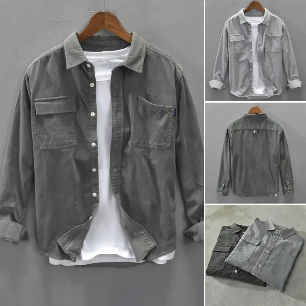 Mens shirt mens Corduroy cargo workwear with chest pocket collar solid color long sleeved cardigan suitable for outdoor use 240812