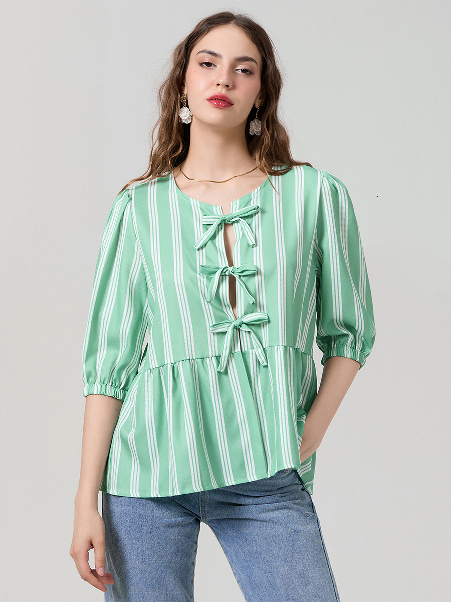 Women s Cute Tie Front Blouse 3 4 Sleeve Striped Peplum Tops