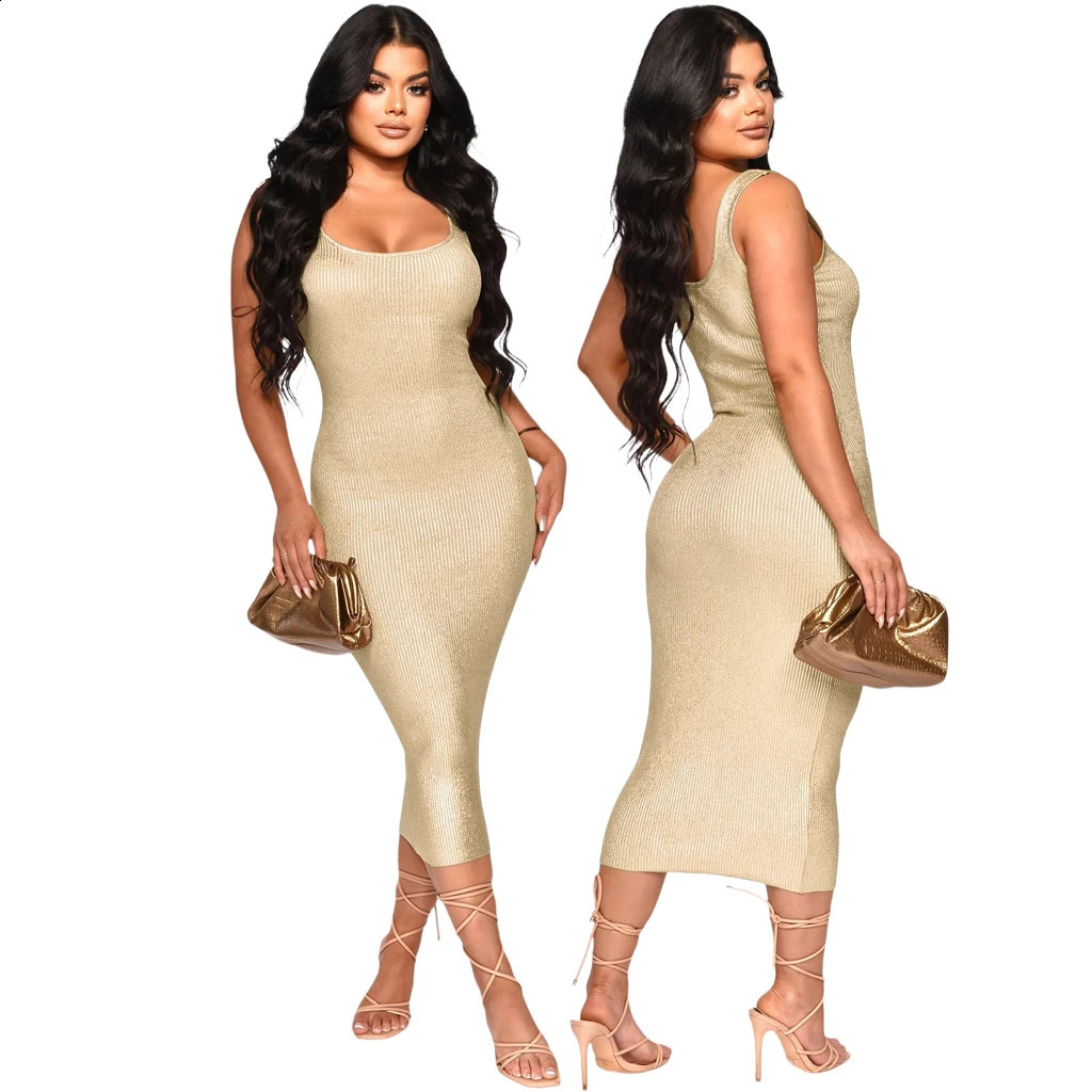 Women Spaghetti Strap Sleeveless Side Spit Bodycon Midi Dress Knee Length Office Lady Sexy Party Dresses Vestido Elegant 240812