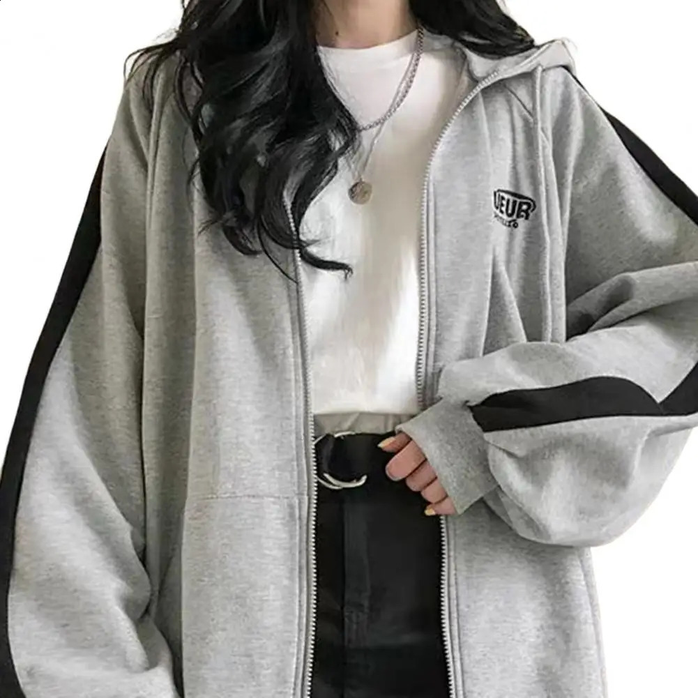 Women Solid Color Zipper Hoodies Harajuku Drawstring Long Sleeve Hooded Sweatshirts Korean Casual Pocket Jacket Streetwear 240812
