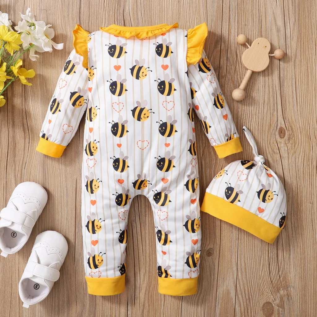 0-18 months newborn baby girl jumpsuit cute little bee cute ruffled long sleeved bodysuit+hat birthday party costume W240812