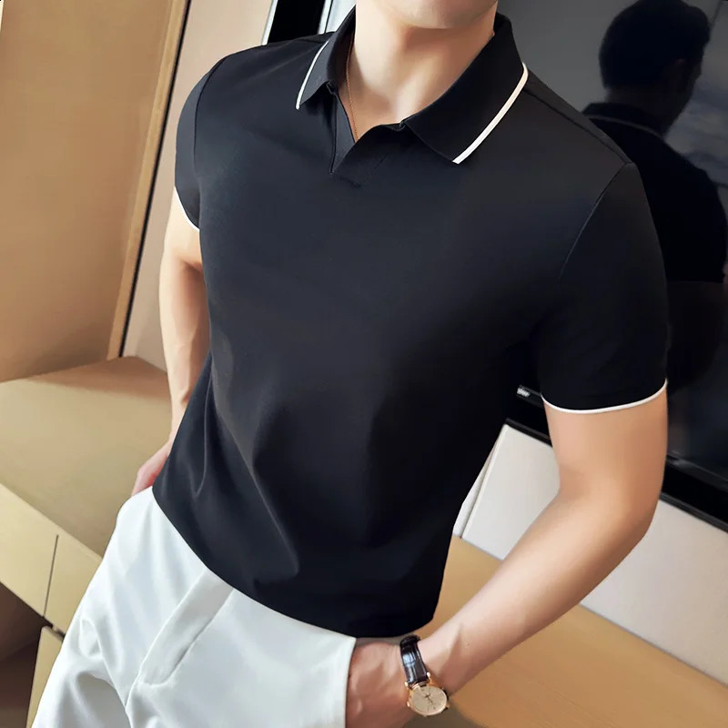 Business Casual Solid Color Mens Polo Shirt 2024 Summer Classic Men Short Sleeve V-neck T-shirt Slim Fit Spliced Polo 4XL-M 240813