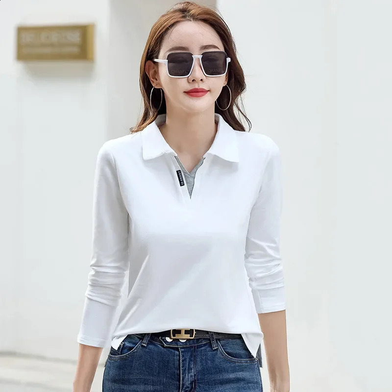Spring and summer long sleeved womens Tshirt polo shirt casual slim fit lapel top 240812