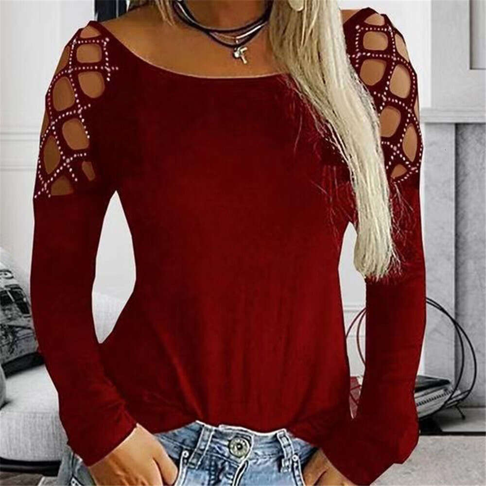 T-shirt women's autumn and winter new sexy hollow out long sleeved blouse plus size top